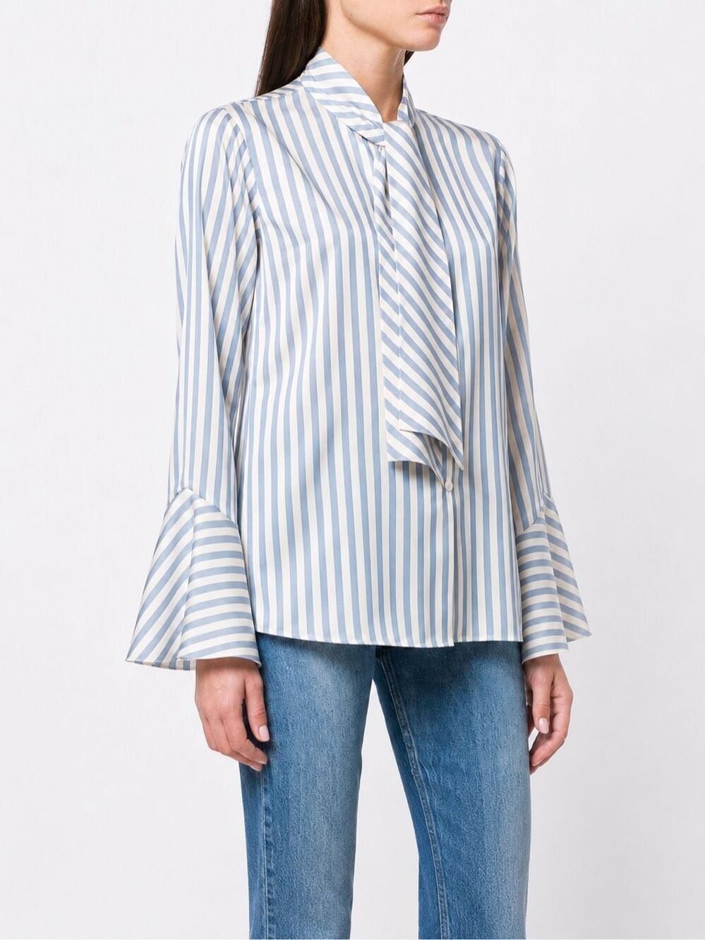 Etro Striped Bow Tie Bell Sleeve Blouse Blue White Size 42 US 6